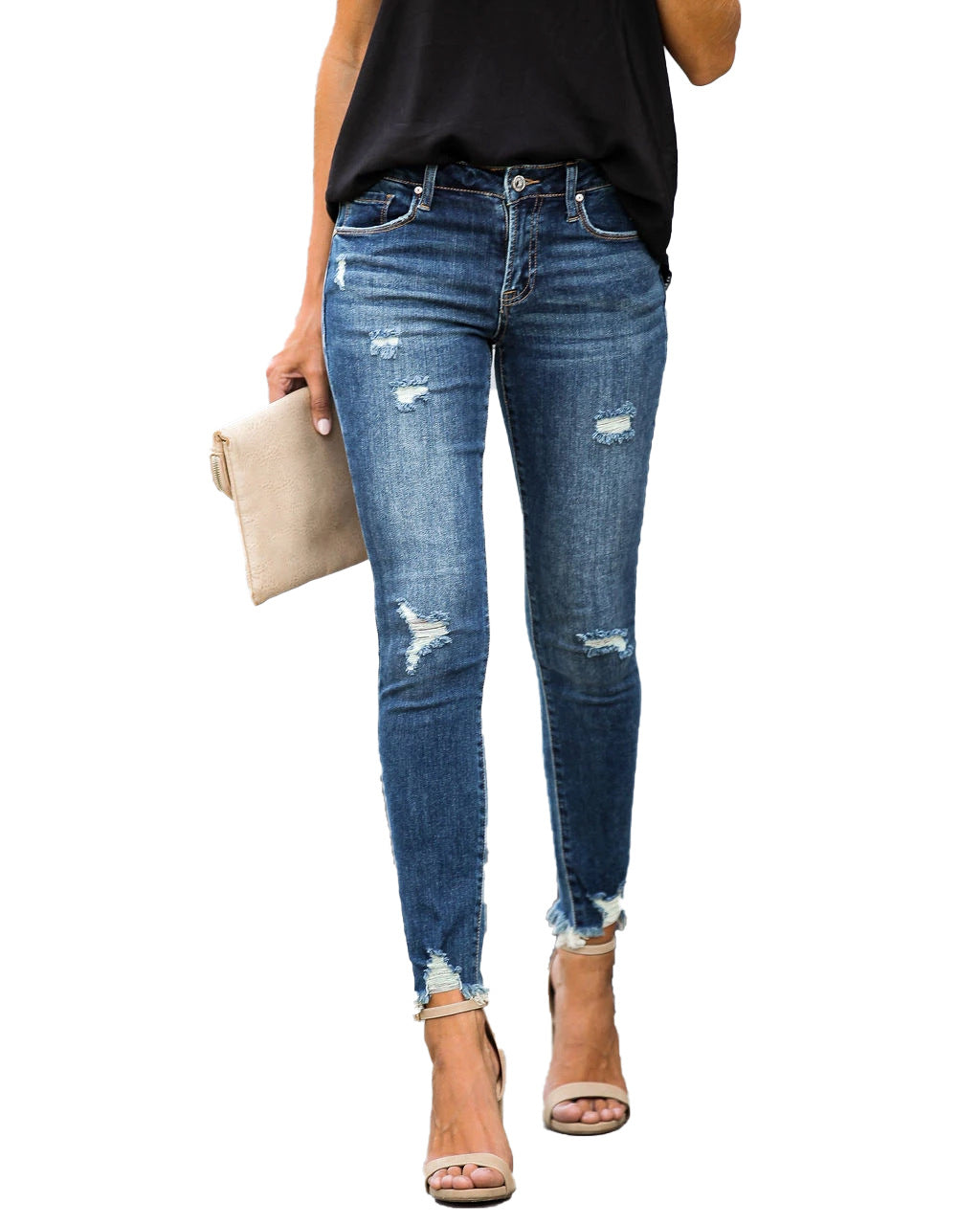 Slim-fit-jeans med ripped bukseben og rå kanter
