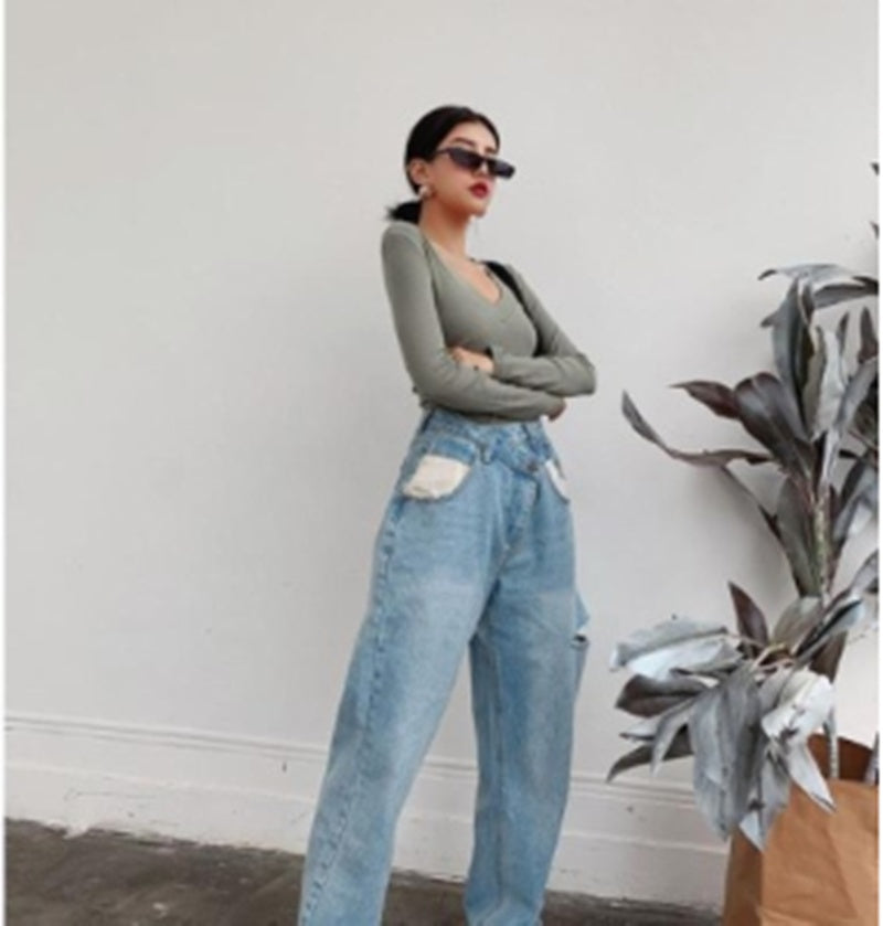 Ripped Jeans til damer med høj talje, afslappede og slim-fit