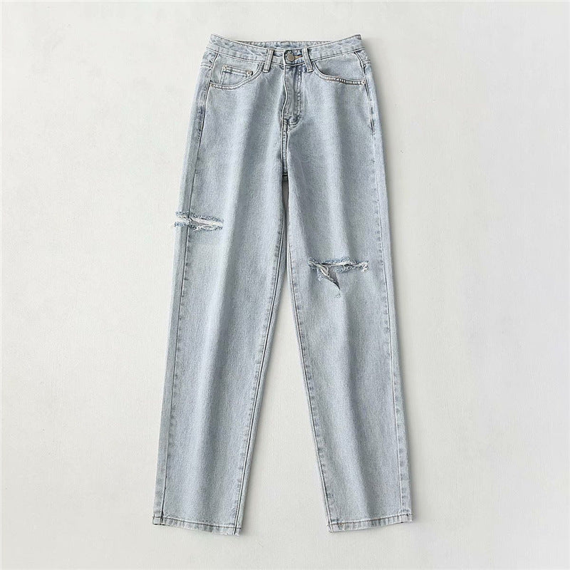 Women's ripped jeans are thin and loose in summer