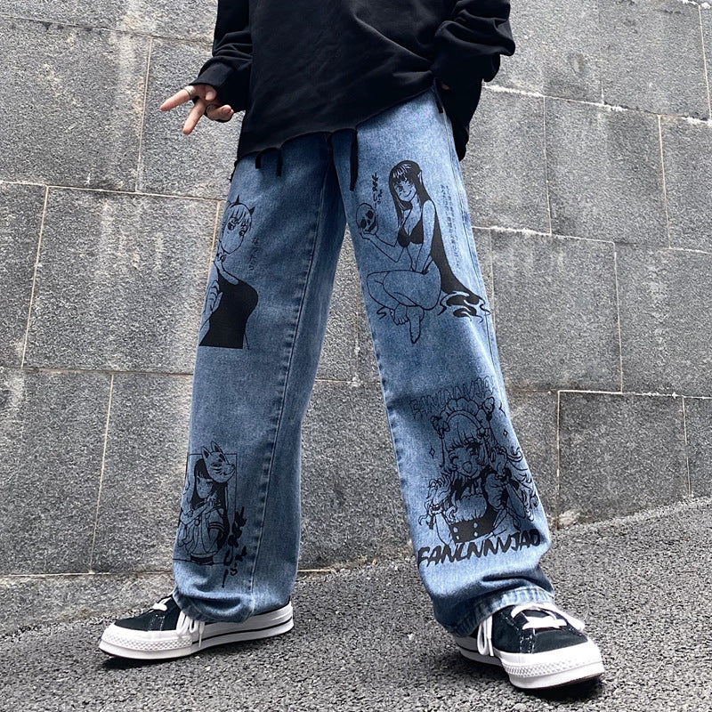 Cartoon Print Loose All Match Wide Leg Jeans Men