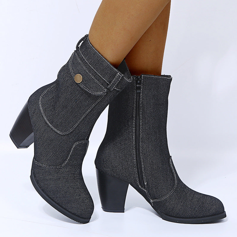 High-heeled Denim Mid-leg Boots For Women