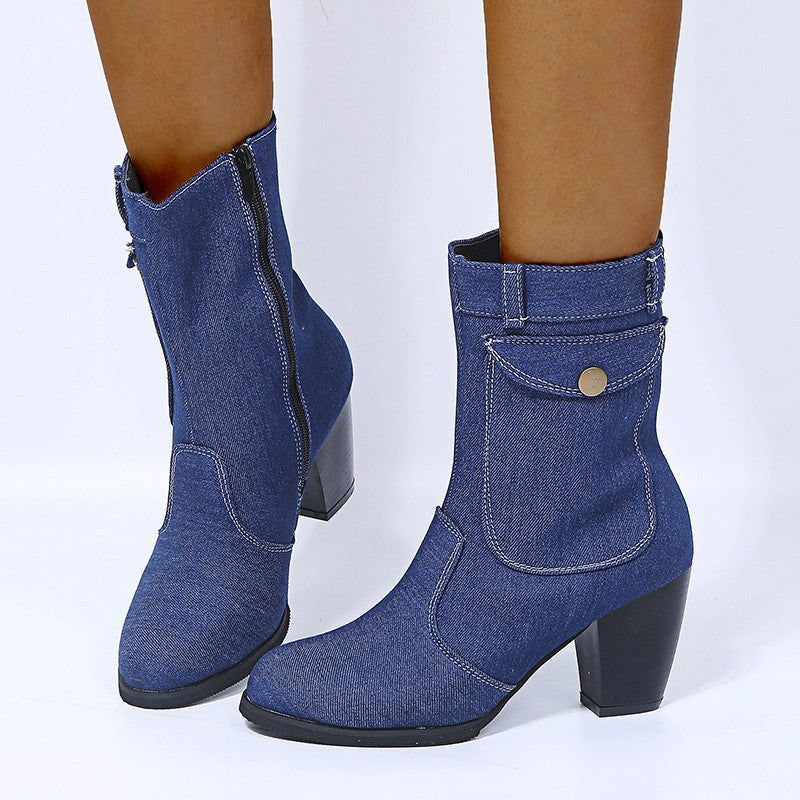 High-heeled Denim Mid-leg Boots For Women