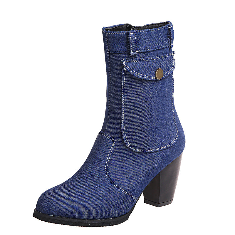 High-heeled Denim Mid-leg Boots For Women