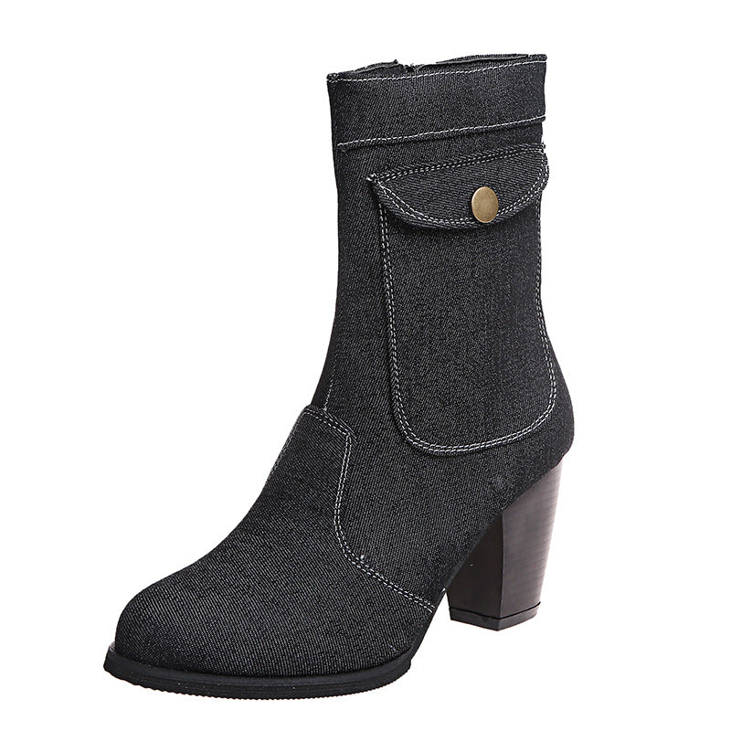 High-heeled Denim Mid-leg Boots For Women