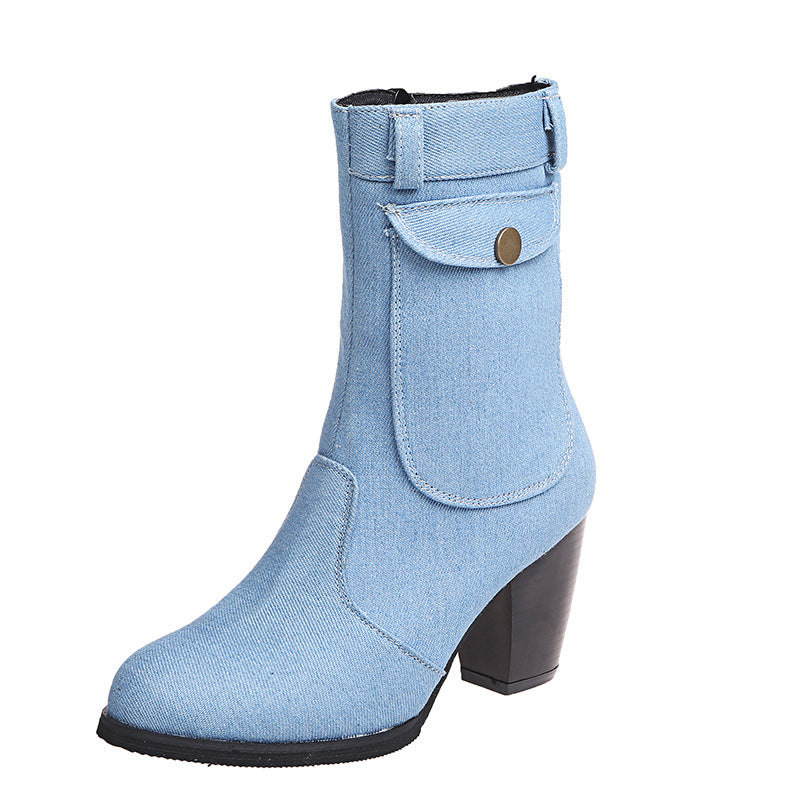 High-heeled Denim Mid-leg Boots For Women