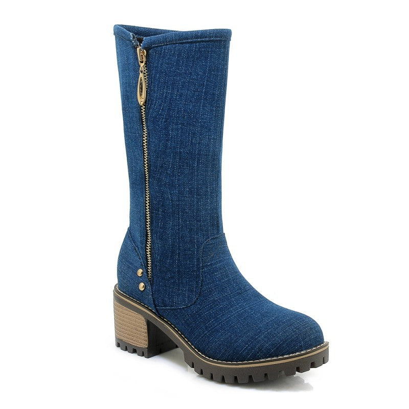 Coarse Heel High Heel Middle Tube Side Zipper Denim Boots