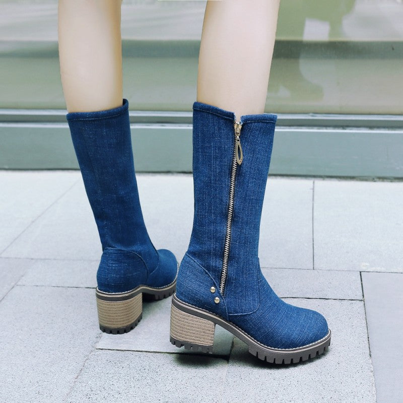 Coarse Heel High Heel Middle Tube Side Zipper Denim Boots