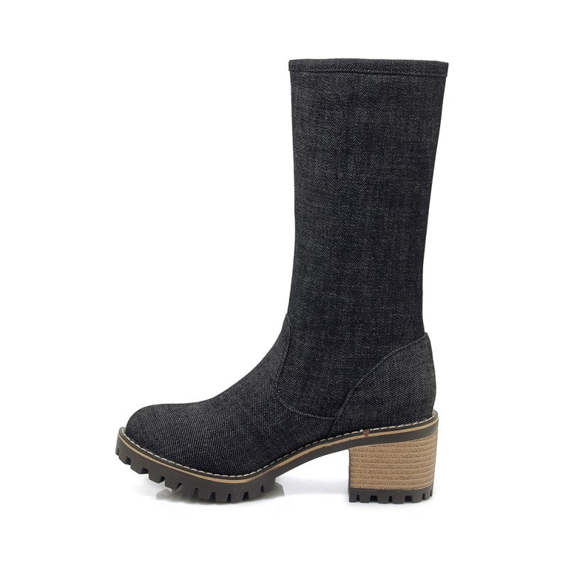 Coarse Heel High Heel Middle Tube Side Zipper Denim Boots