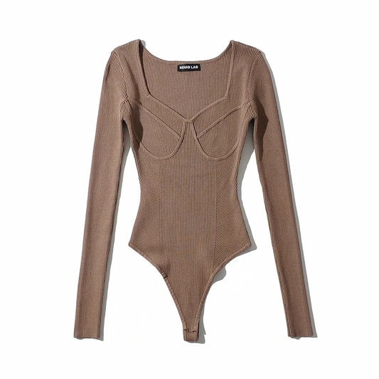 Korean Slim-fit U-neck Geometric Three-dimensional Textured Long Sleeve Knitted One-piece with Concealed Button