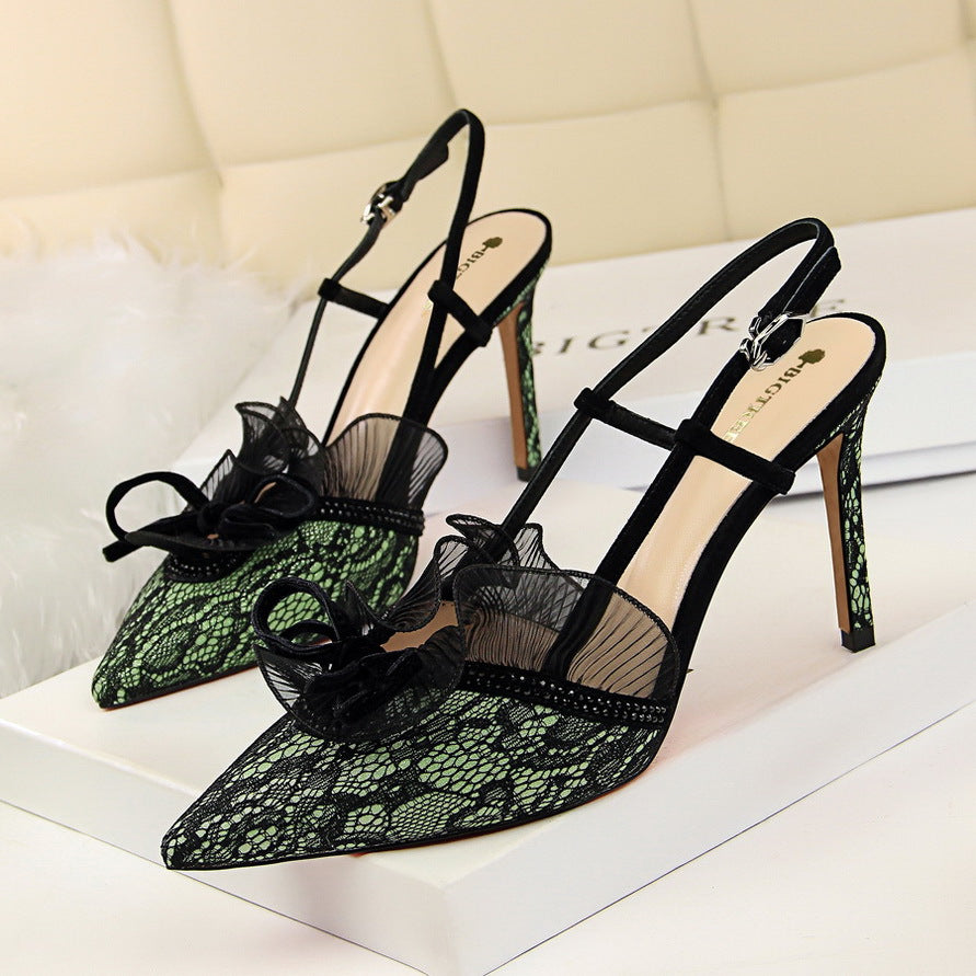 Women's Shoes High Heel Shallow Mouth Pointed Toe Mesh Lace Cutout Strap Sandals