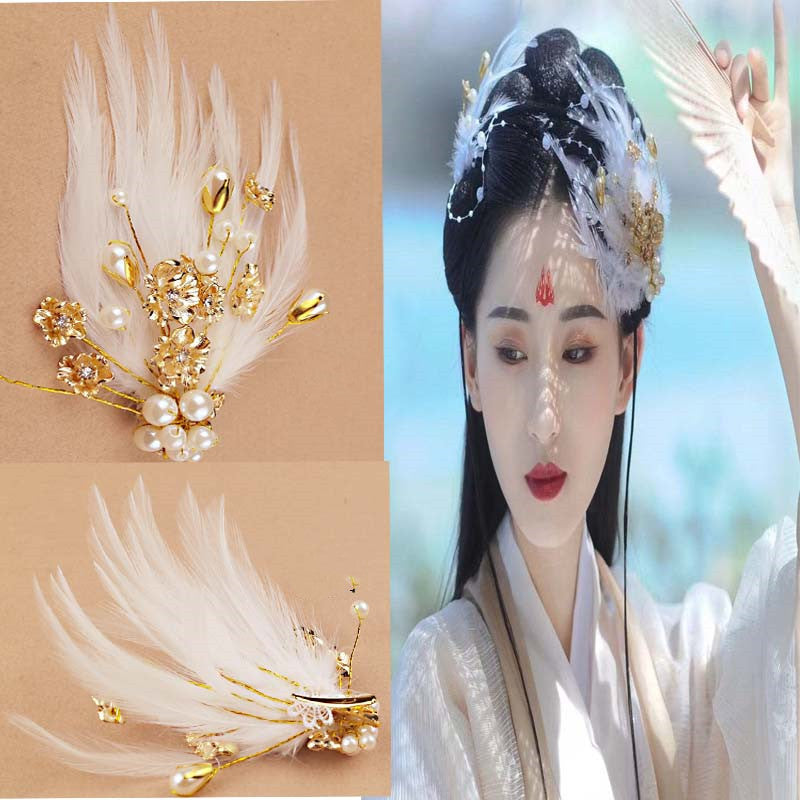 Hanfu Handmade Headdress Antique Accessories Feather Hairpin Antique Multicolor Headband