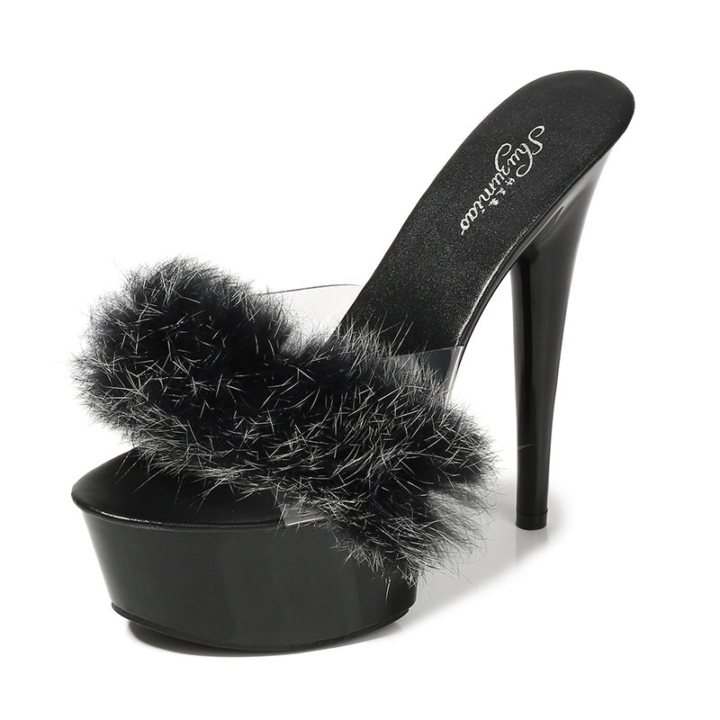 Rabbit Hair Special High-heeled Shoes With ThinSsexy Black