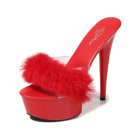 Rabbit Hair Special High-heeled Shoes With ThinSsexy Black