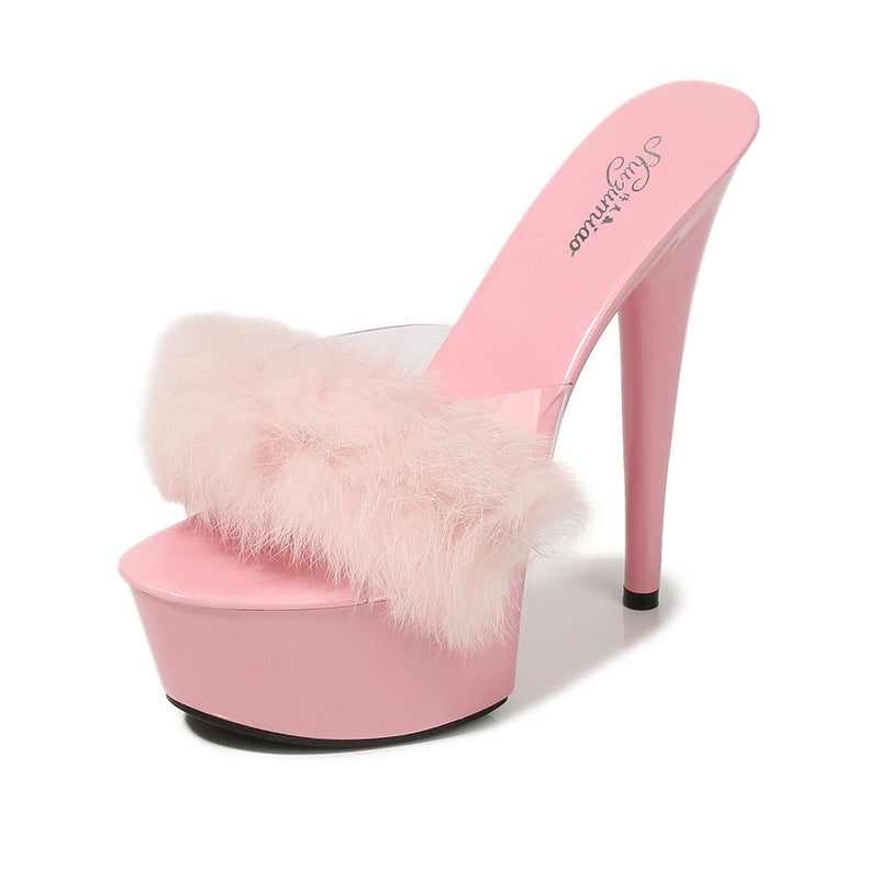 Rabbit Hair Special High-heeled Shoes With ThinSsexy Black