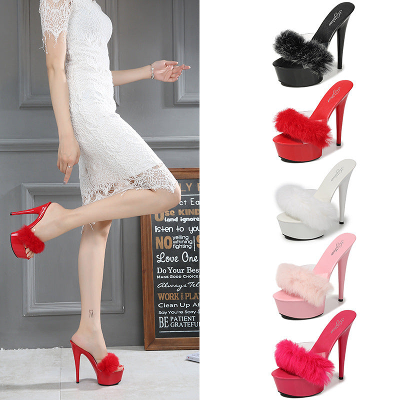 Rabbit Hair Special High-heeled Shoes With ThinSsexy Black