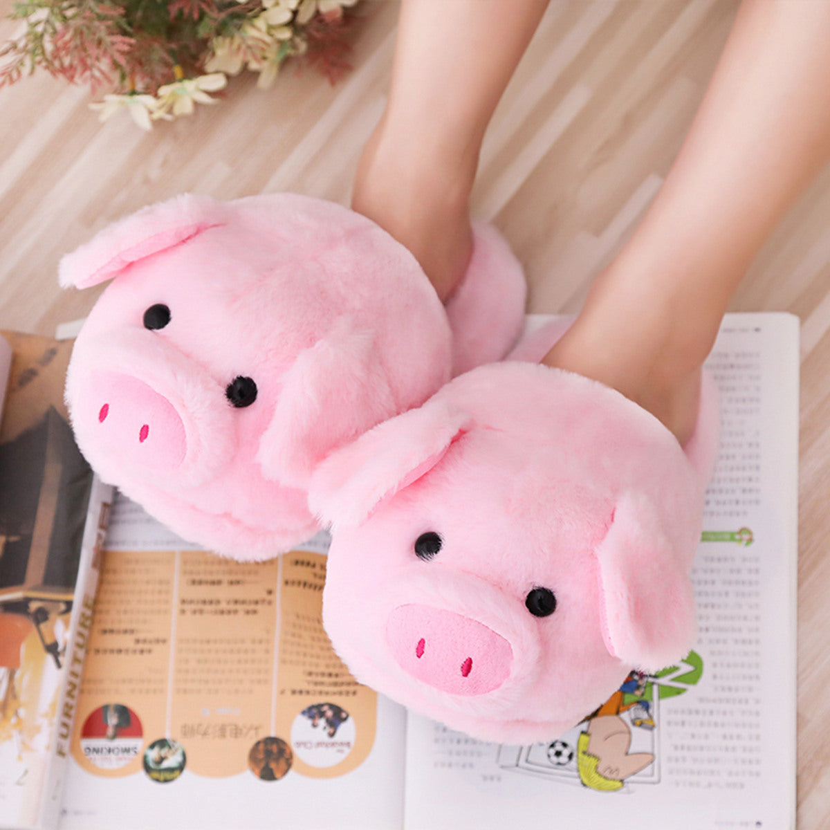 Toot Pig Plush Cotton Slippers Women's Baotou Non-slip Warm Home Indoor Floor Shoes