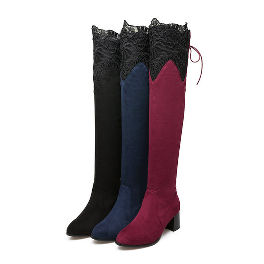 Increased Female Boots Sexy Knee High-heeled Boots Inside Hollow Lace