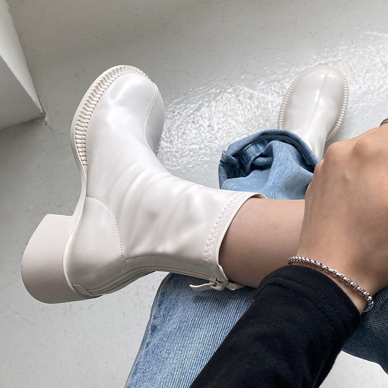 Thick High Heel Round Toe Thin Short Boots With Zipper