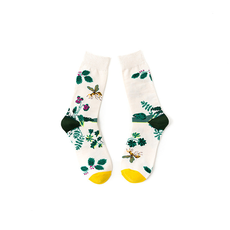 Style Literary Color Happy Middle And High Tube Niche Female Tide Calf Cotton Socks