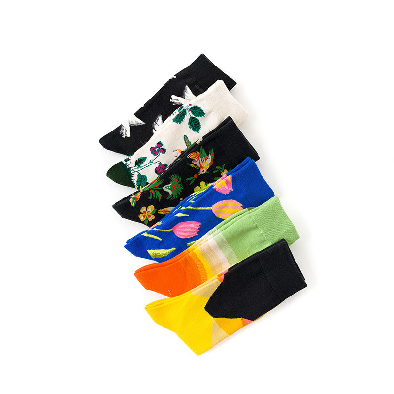 Style Literary Color Happy Middle And High Tube Niche Female Tide Calf Cotton Socks