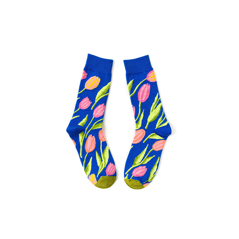 Style Literary Color Happy Middle And High Tube Niche Female Tide Calf Cotton Socks