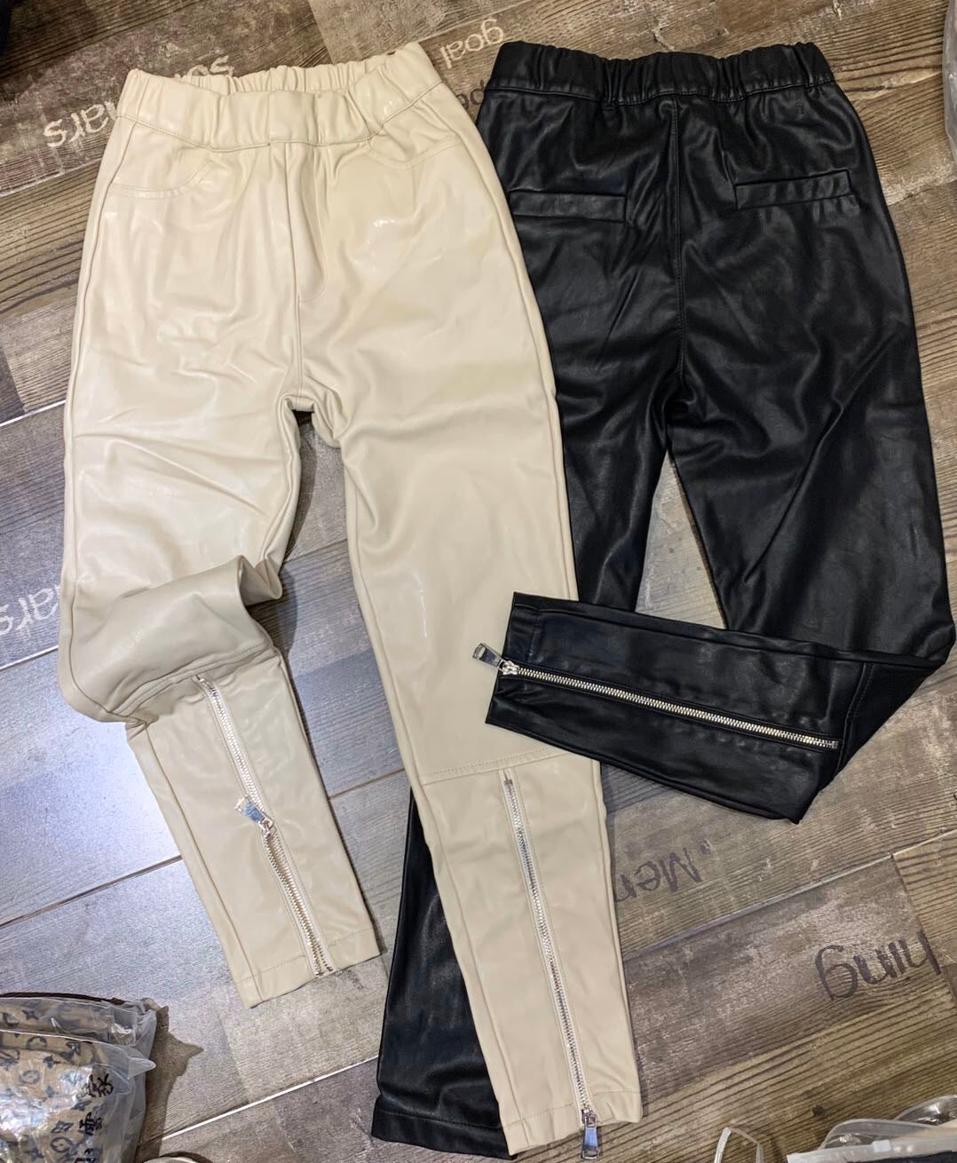 Elastic Waist Trousers Leg Zipper Decoration Plus Velvet Thick Leather Pants Leggings