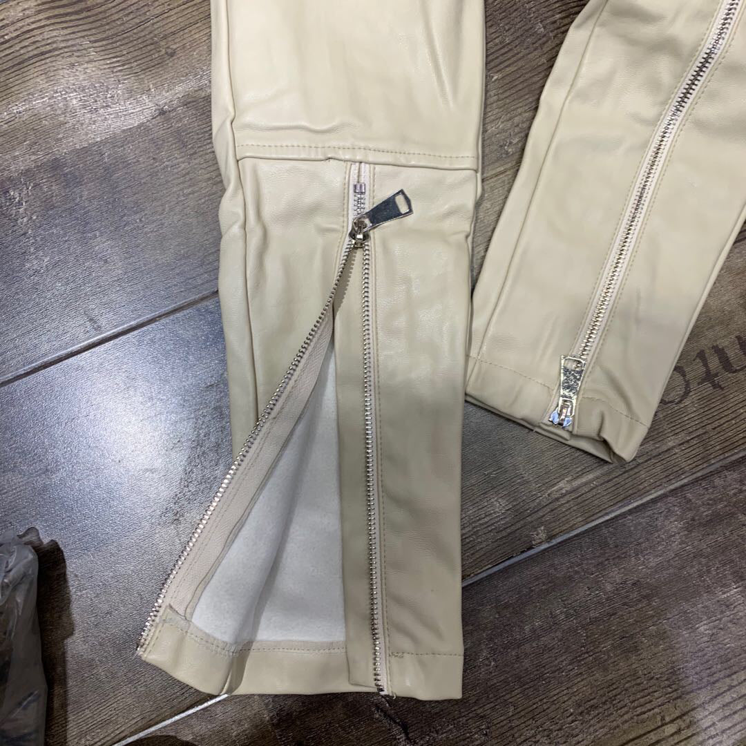 Elastic Waist Trousers Leg Zipper Decoration Plus Velvet Thick Leather Pants Leggings