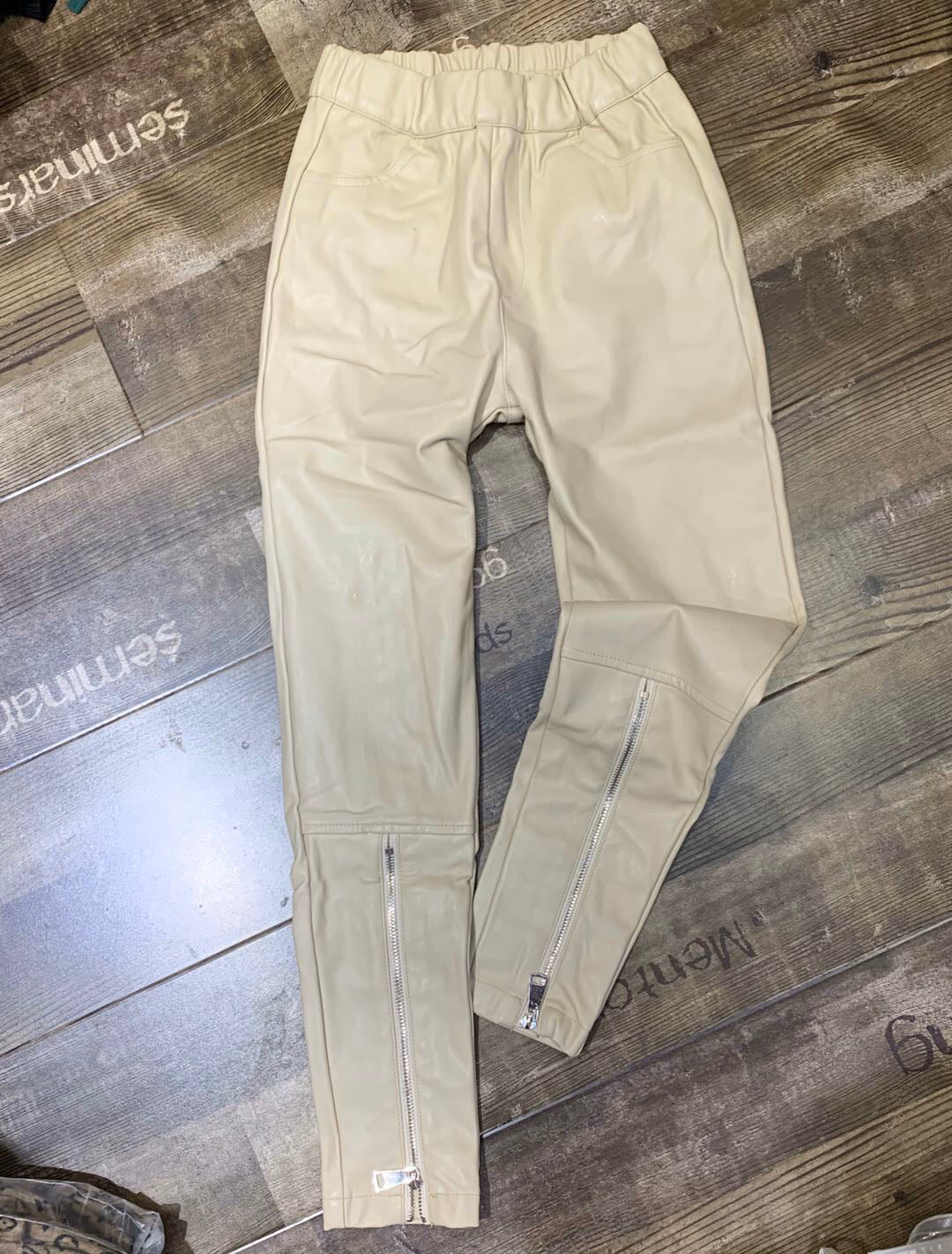 Elastic Waist Trousers Leg Zipper Decoration Plus Velvet Thick Leather Pants Leggings