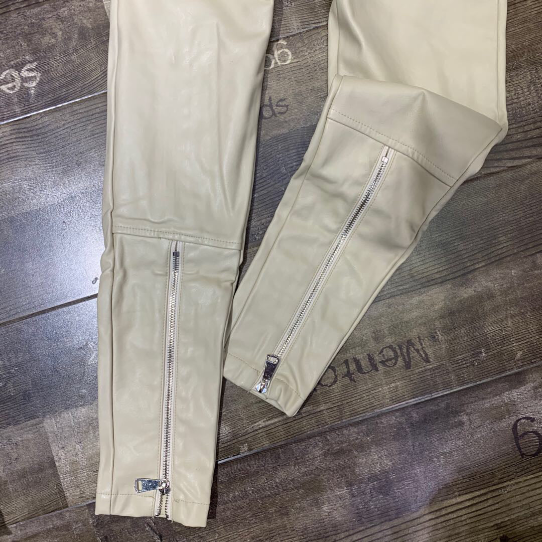 Elastic Waist Trousers Leg Zipper Decoration Plus Velvet Thick Leather Pants Leggings