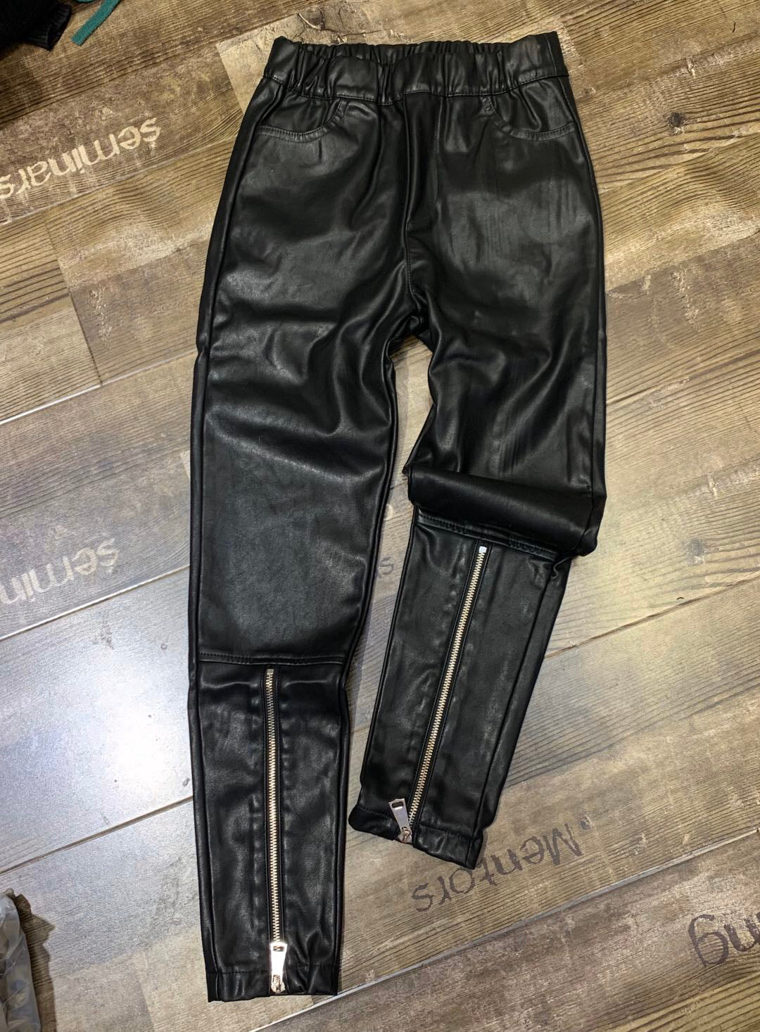 Elastic Waist Trousers Leg Zipper Decoration Plus Velvet Thick Leather Pants Leggings