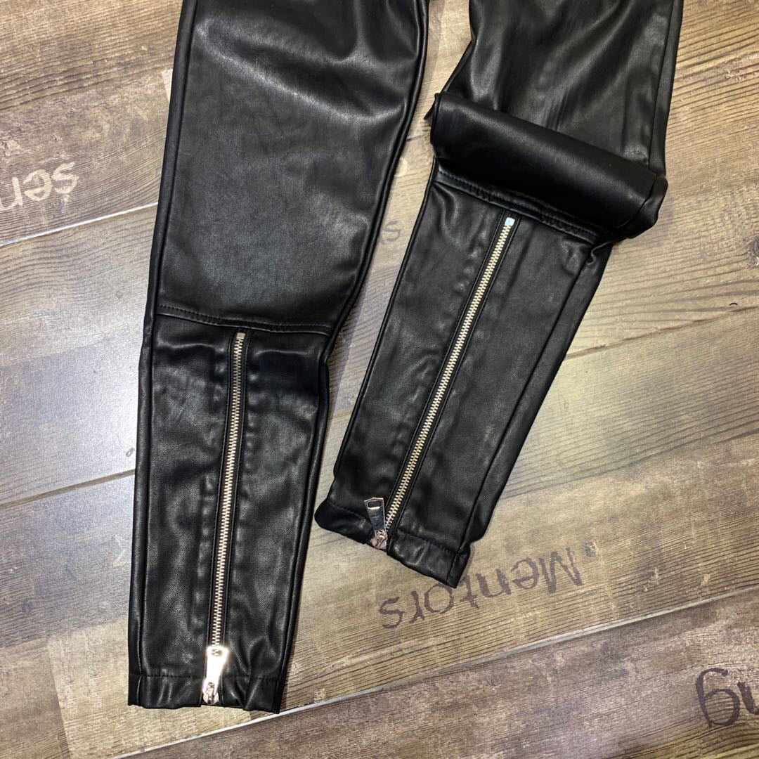 Elastic Waist Trousers Leg Zipper Decoration Plus Velvet Thick Leather Pants Leggings