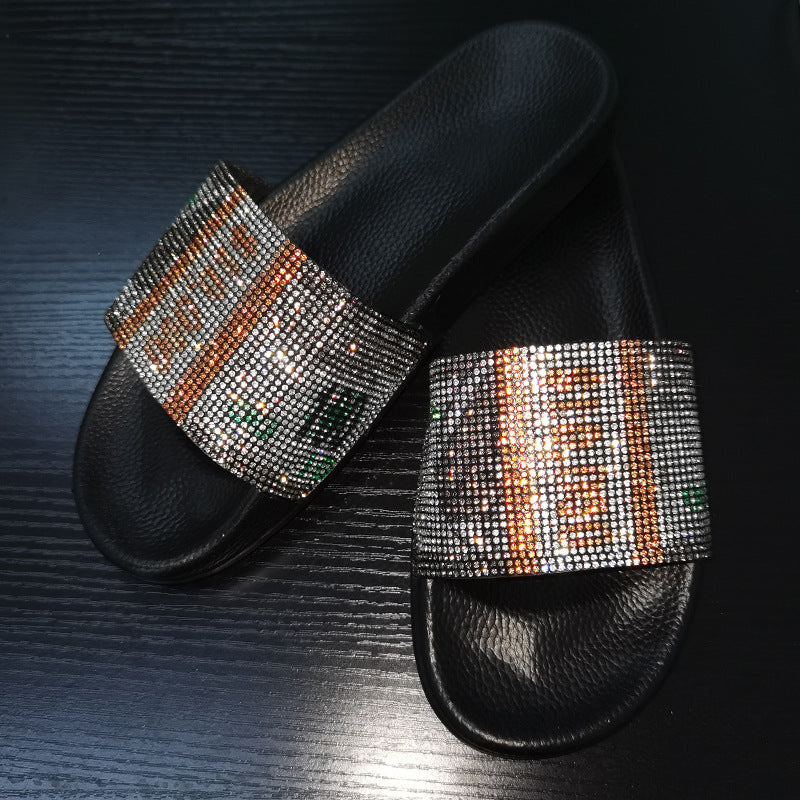 European and American Rhinestone Dollar Slippers Women's Summer Wear Fashion All-match Sandals