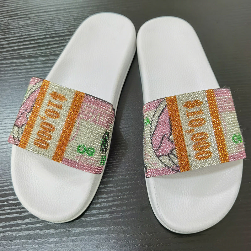 European and American Rhinestone Dollar Slippers Women's Summer Wear Fashion All-match Sandals