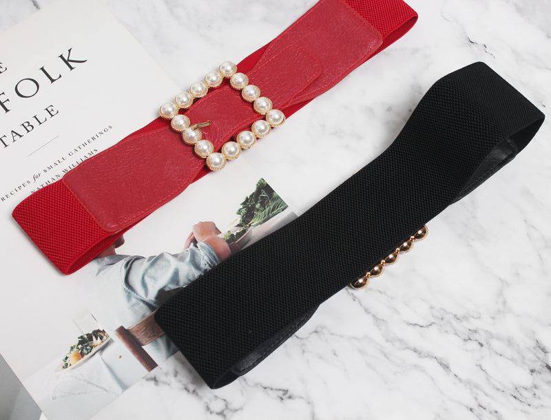 Pearl buckle black wide waist women