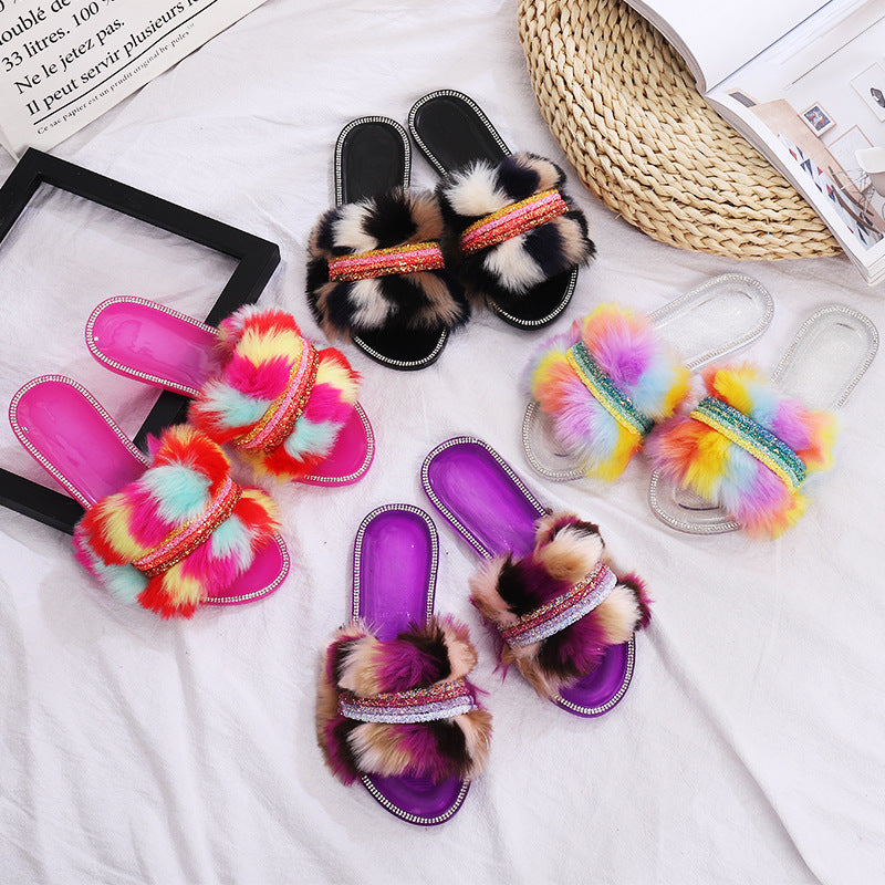 Color Wool Chain Flat Diamond Slippers Lady