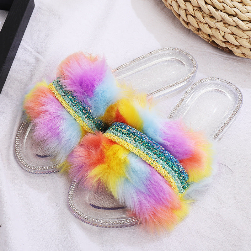 Color Wool Chain Flat Diamond Slippers Lady