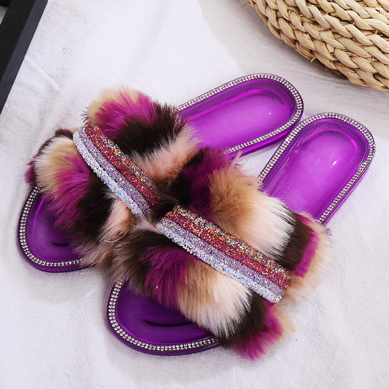 Color Wool Chain Flat Diamond Slippers Lady