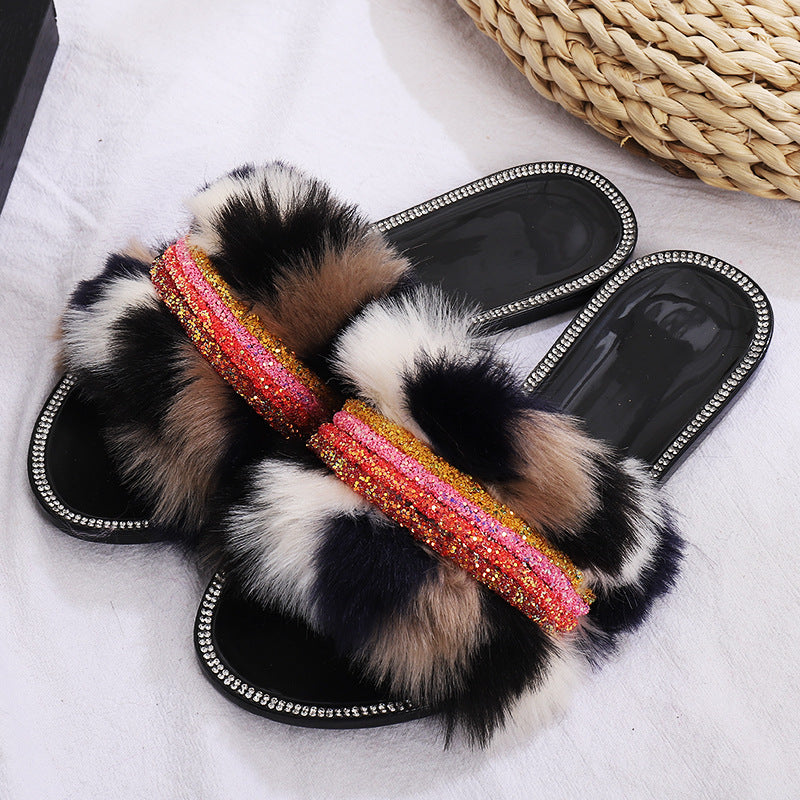 Color Wool Chain Flat Diamond Slippers Lady