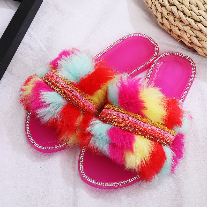 Color Wool Chain Flat Diamond Slippers Lady