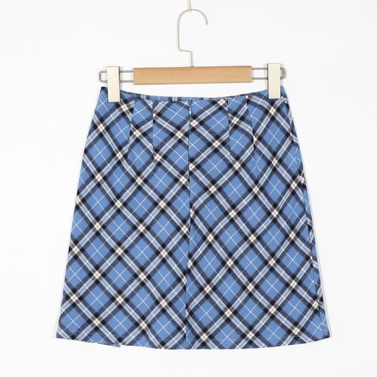Blue Diagonal Plaid High Waist Bag Hip Slit Short Skirt
