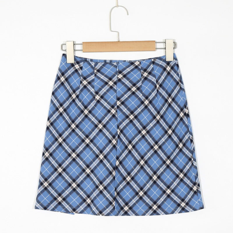 Blue Diagonal Plaid High Waist Bag Hip Slit Short Skirt