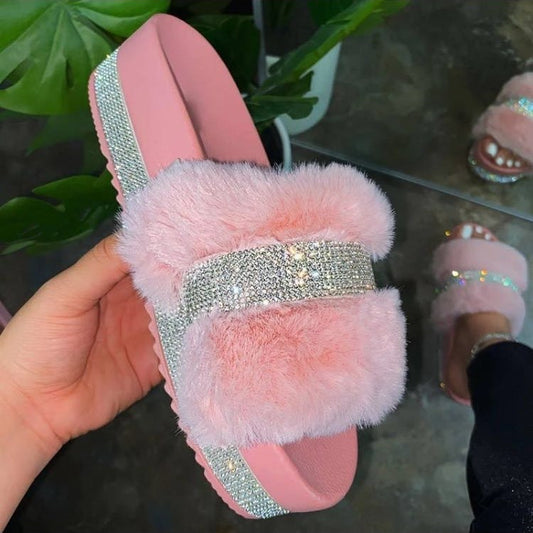 New Rhinestone Thick Bottom Furry Slippers Lady Plus Size Furry Shoes