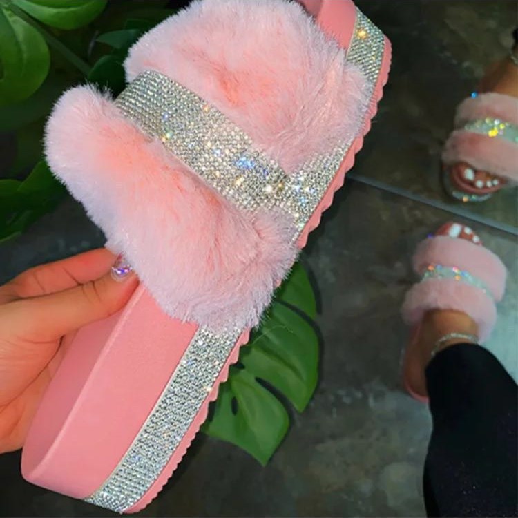 New Rhinestone Thick Bottom Furry Slippers Lady Plus Size Furry Shoes