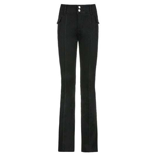 Retro Side Pocket Low-Waist Micro-Cut Trousers Female Slim Denim Trousers