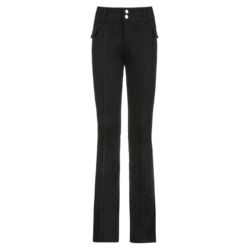 Retro Side Pocket Low-Waist Micro-Cut Trousers Female Slim Denim Trousers