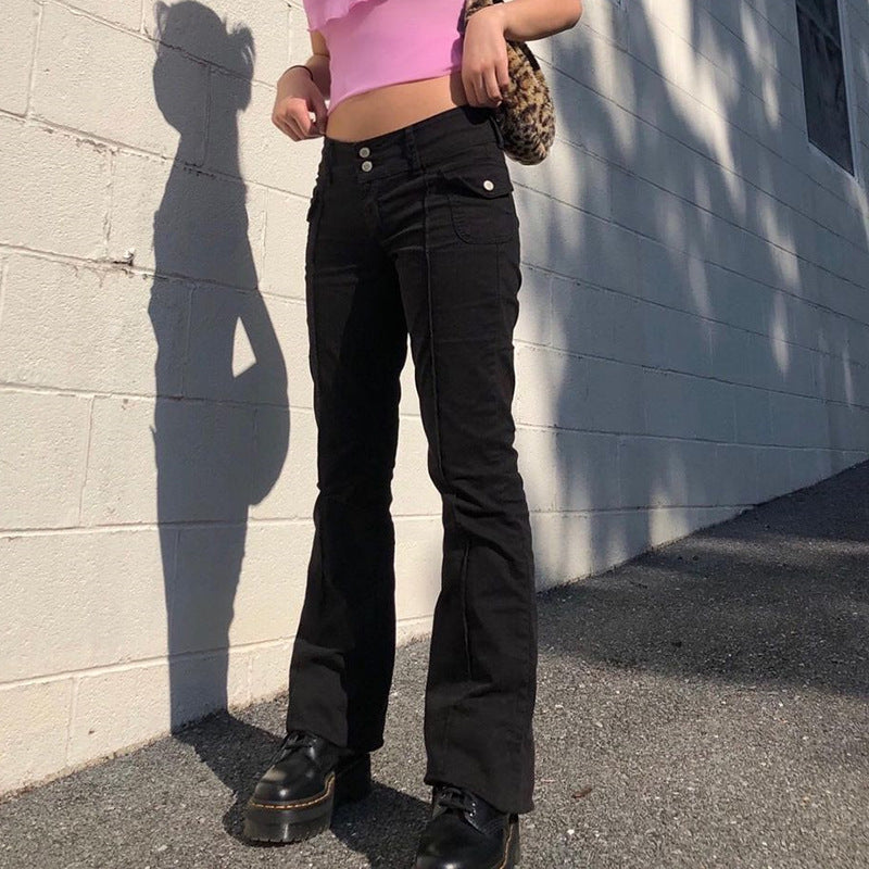 Retro Side Pocket Low-Waist Micro-Cut Trousers Female Slim Denim Trousers