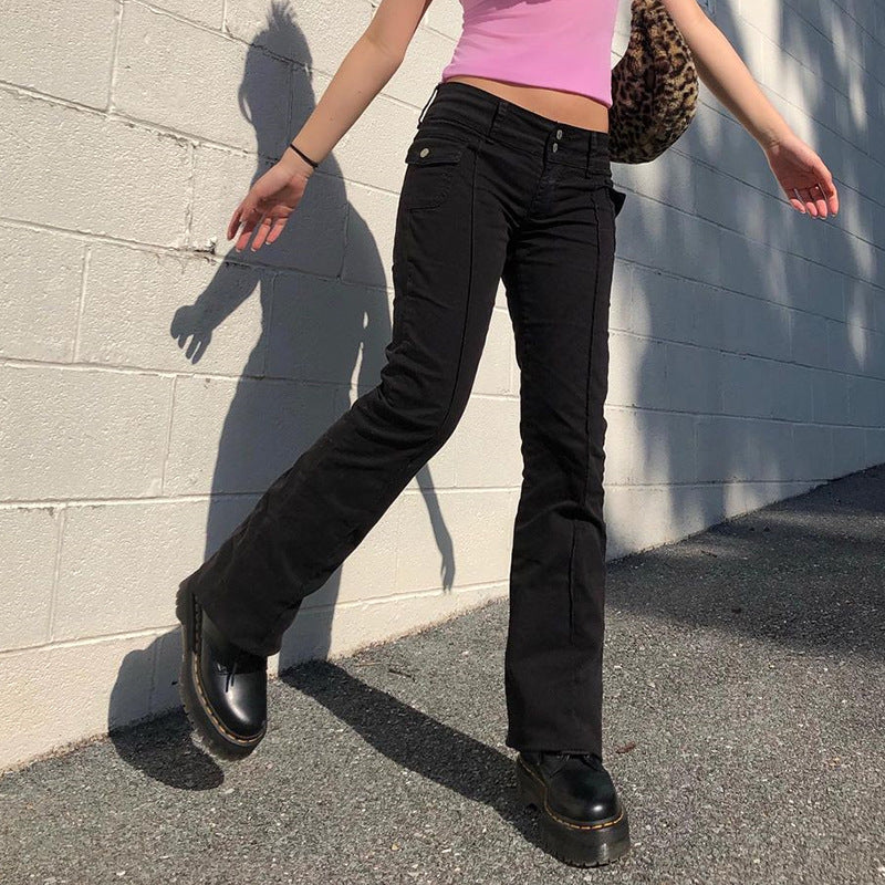 Retro Side Pocket Low-Waist Micro-Cut Trousers Female Slim Denim Trousers