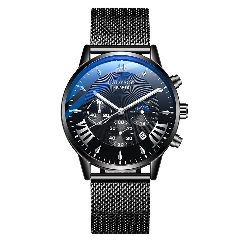 Fake Three-Eye Calendar Popular Event Buckle Men's Alloy Mesh Strap Watch