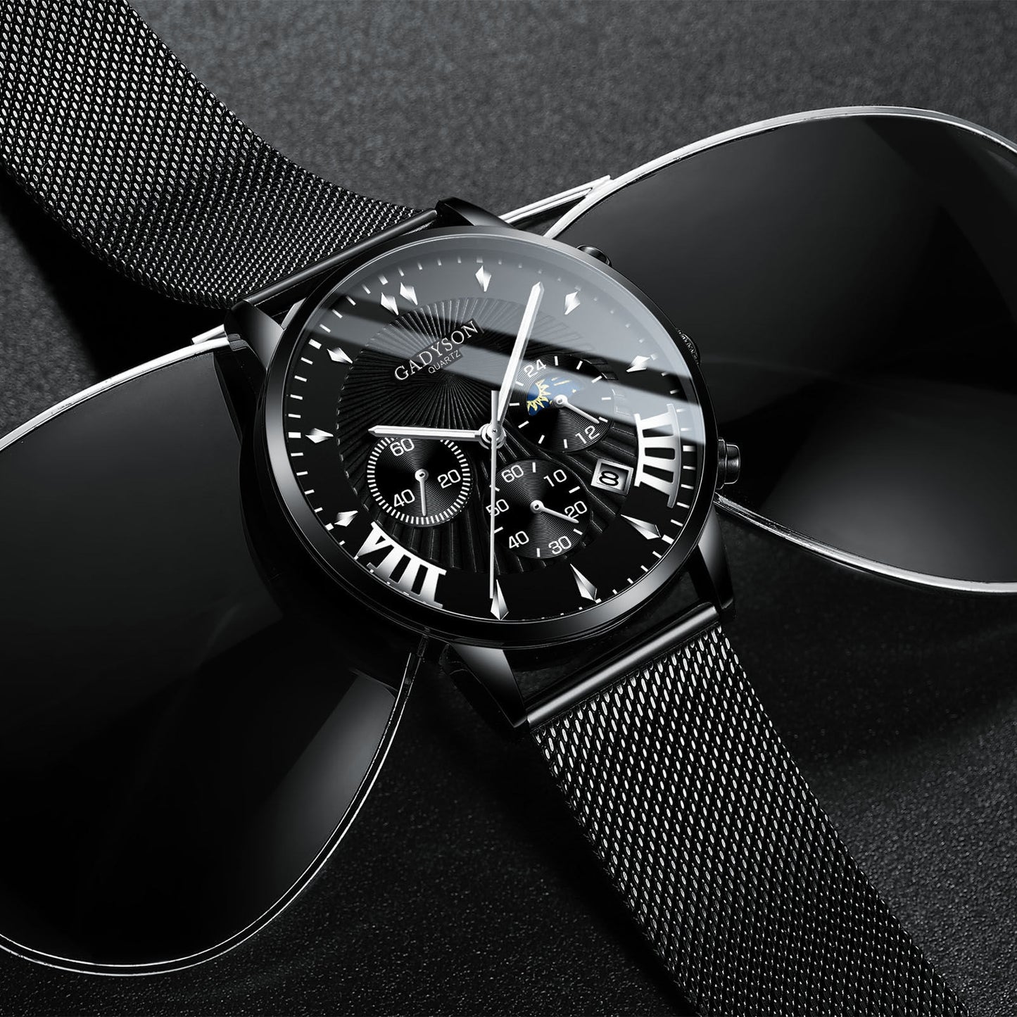 Fake Three-Eye Calendar Popular Event Buckle Men's Alloy Mesh Strap Watch