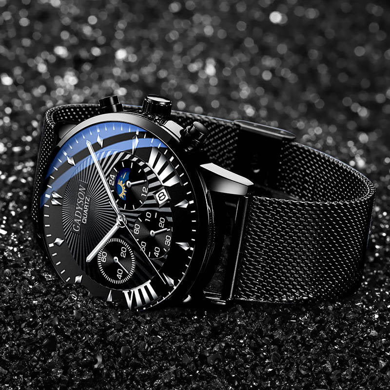 Fake Three-Eye Calendar Popular Event Buckle Men's Alloy Mesh Strap Watch